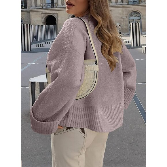 Women's Oversized Sweater Fuzzy Light Purple Long Sleeve Casual Chunky Pullover - Picture 8 of 9
